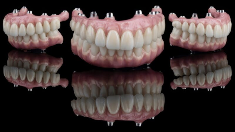 Prothèses complètes implantaires avec fausse gencive – Armatures zircone et titane